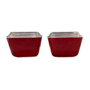 Vintage Pyrex Refrigerator Dishes Red Used Small Square Set of 2 Some Wear